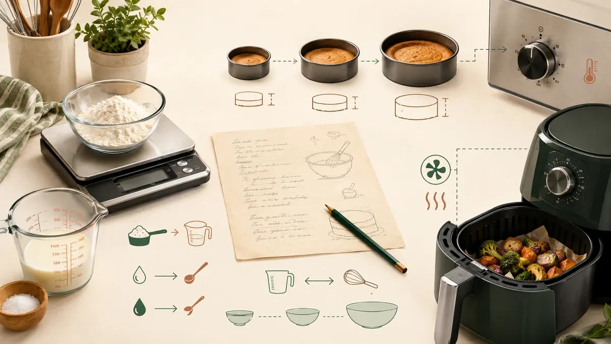 Kitchen recipe math workspace combining ingredient scaling, cups to grams conversion, cake pan sizing, and oven temperature conversion.